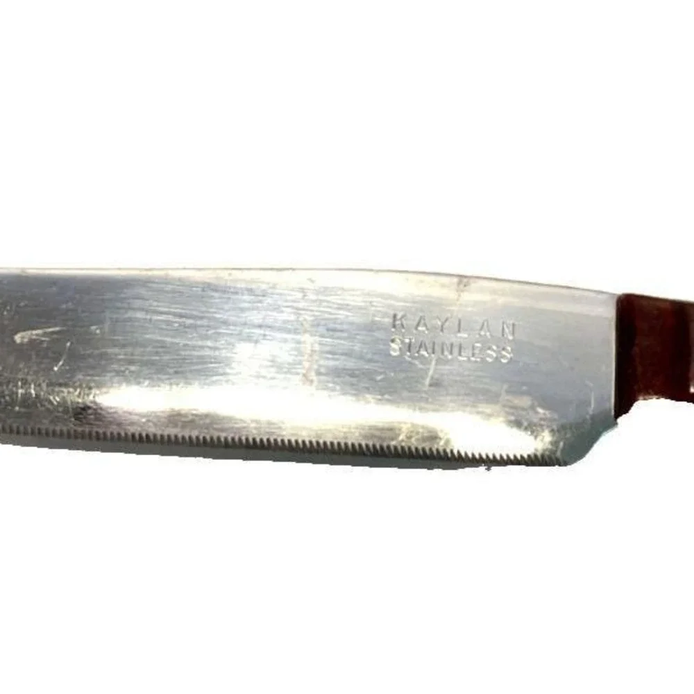 Vtg Kaylan Stainless Steel‎ Serated Knives Brown Marbled Thermoset Handles MCM